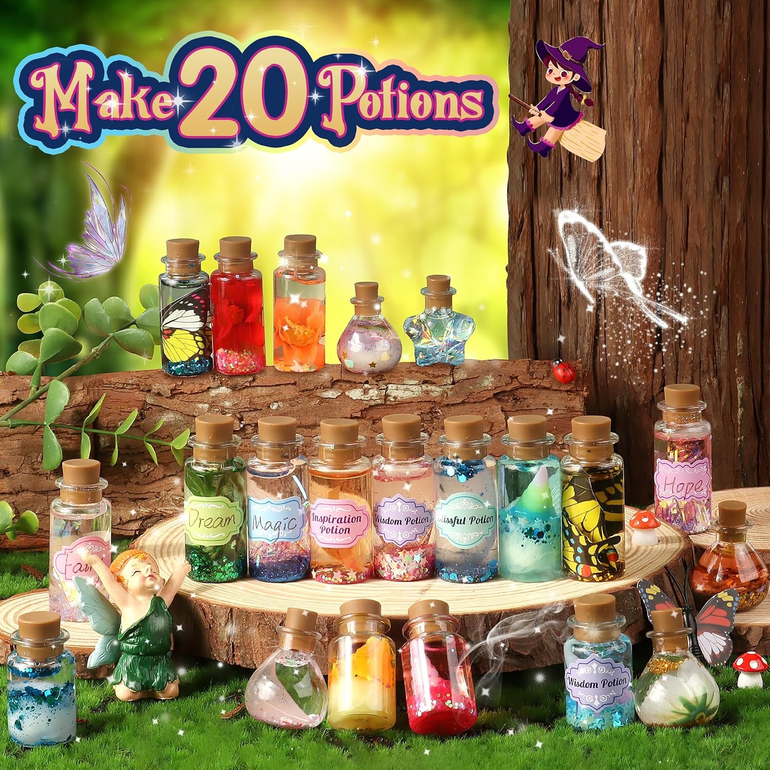 Fairy Potion Craft Kit with 20 Potion Bottles and Display Case, detail view