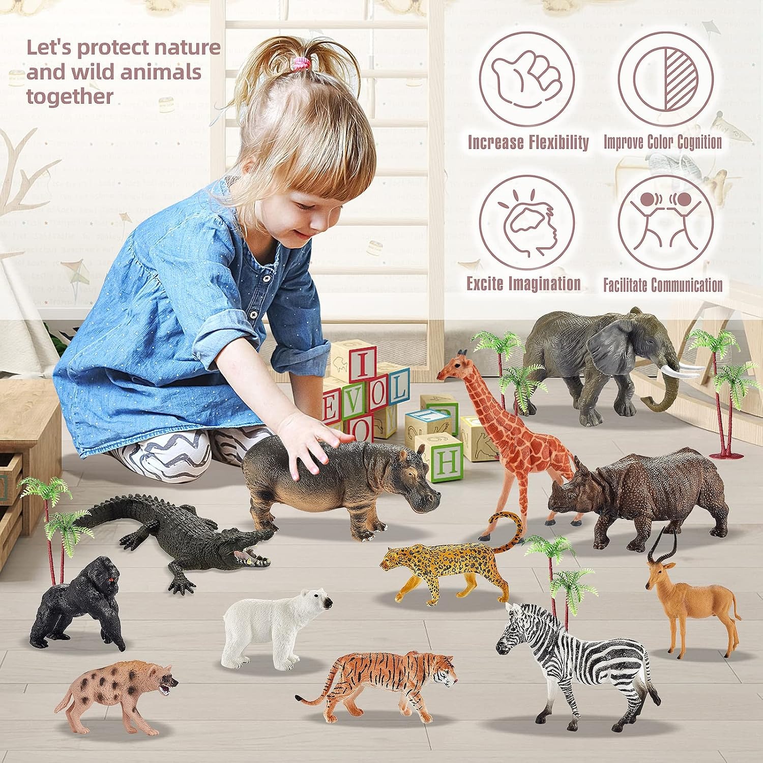 31-Piece Safari Animal Playset with Trees and Carry Box