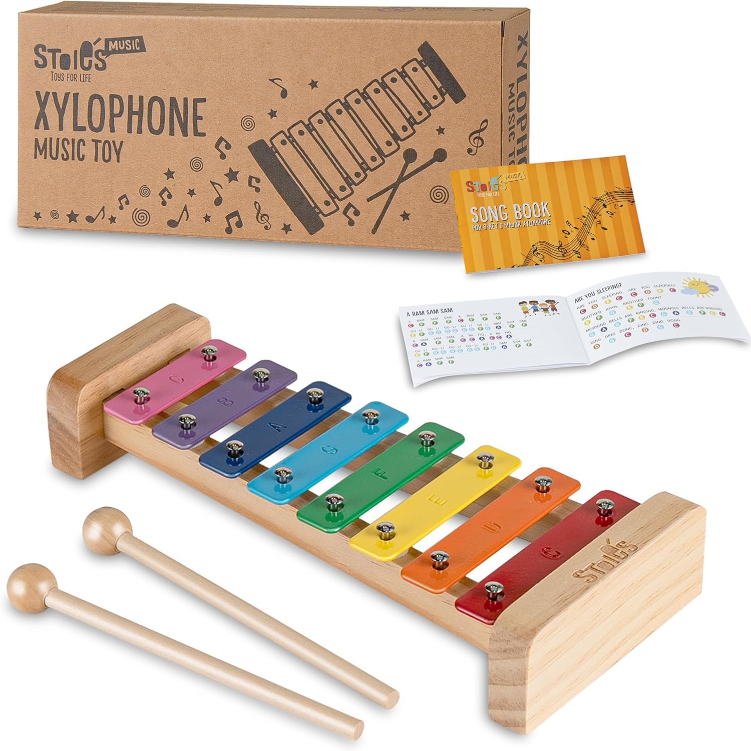 Rainbow 8-Note Wooden Xylophone with Mallets and Songbook: image 1
