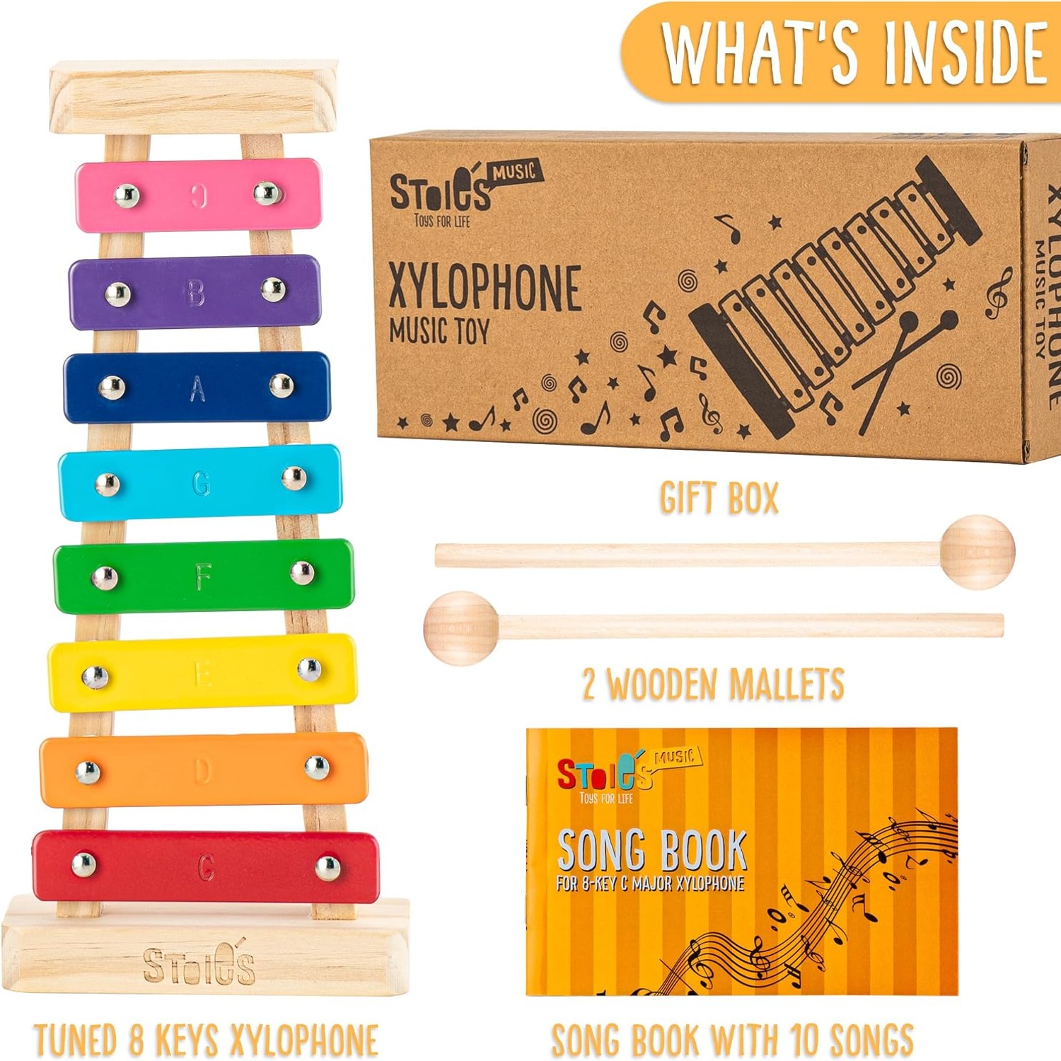 Rainbow 8-Note Wooden Xylophone with Mallets and Songbook