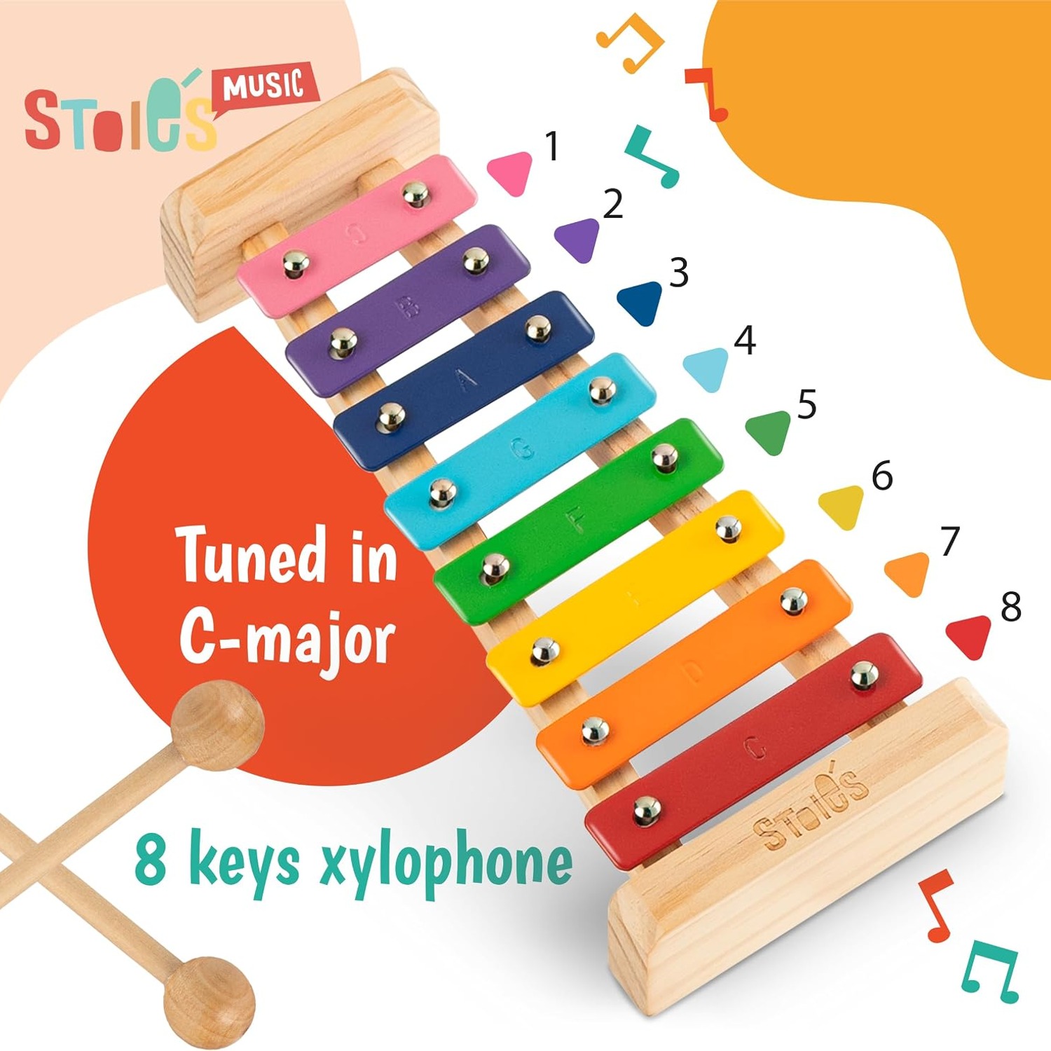 Rainbow 8-Note Wooden Xylophone with Mallets and Songbook
