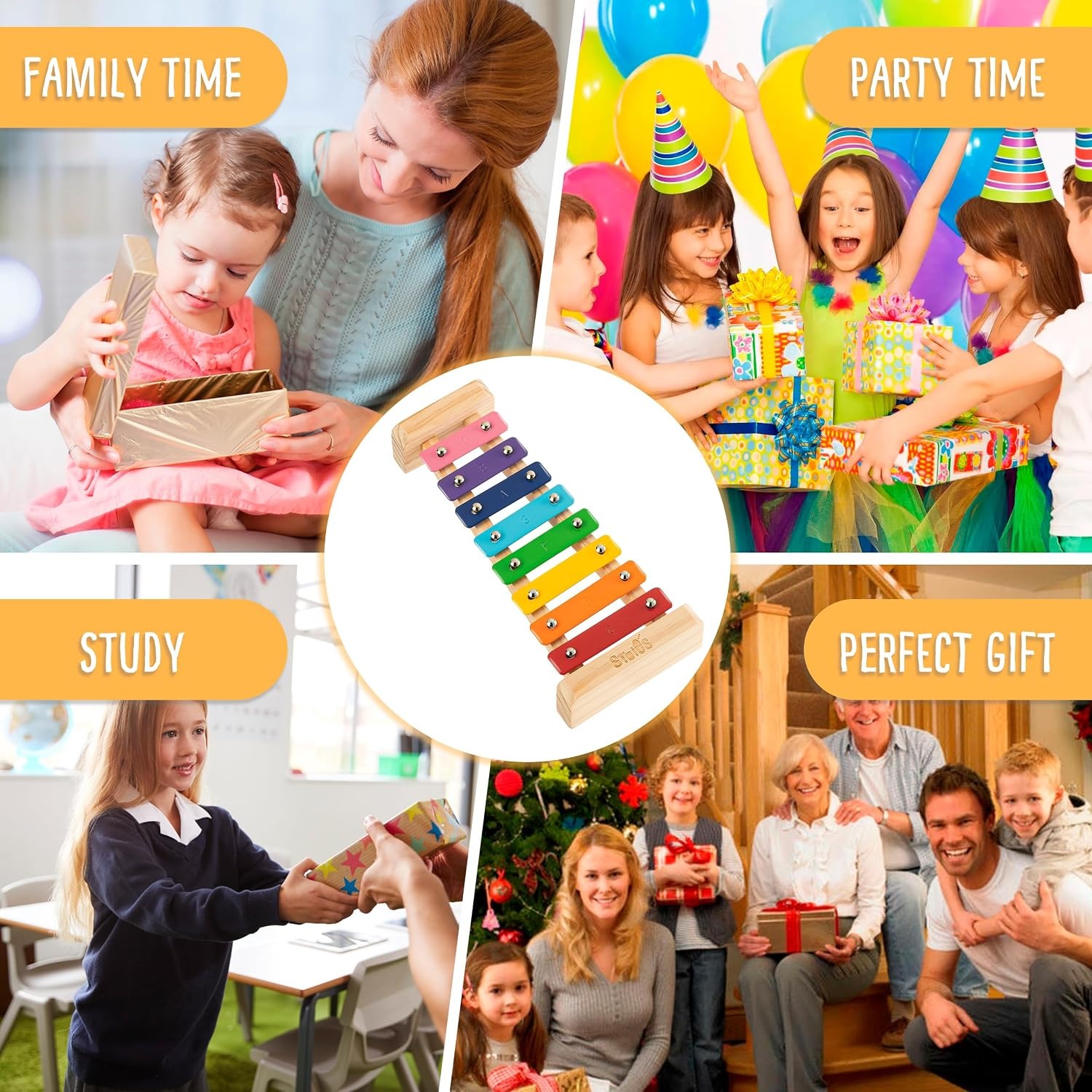 Rainbow 8-Note Wooden Xylophone with Mallets and Songbook