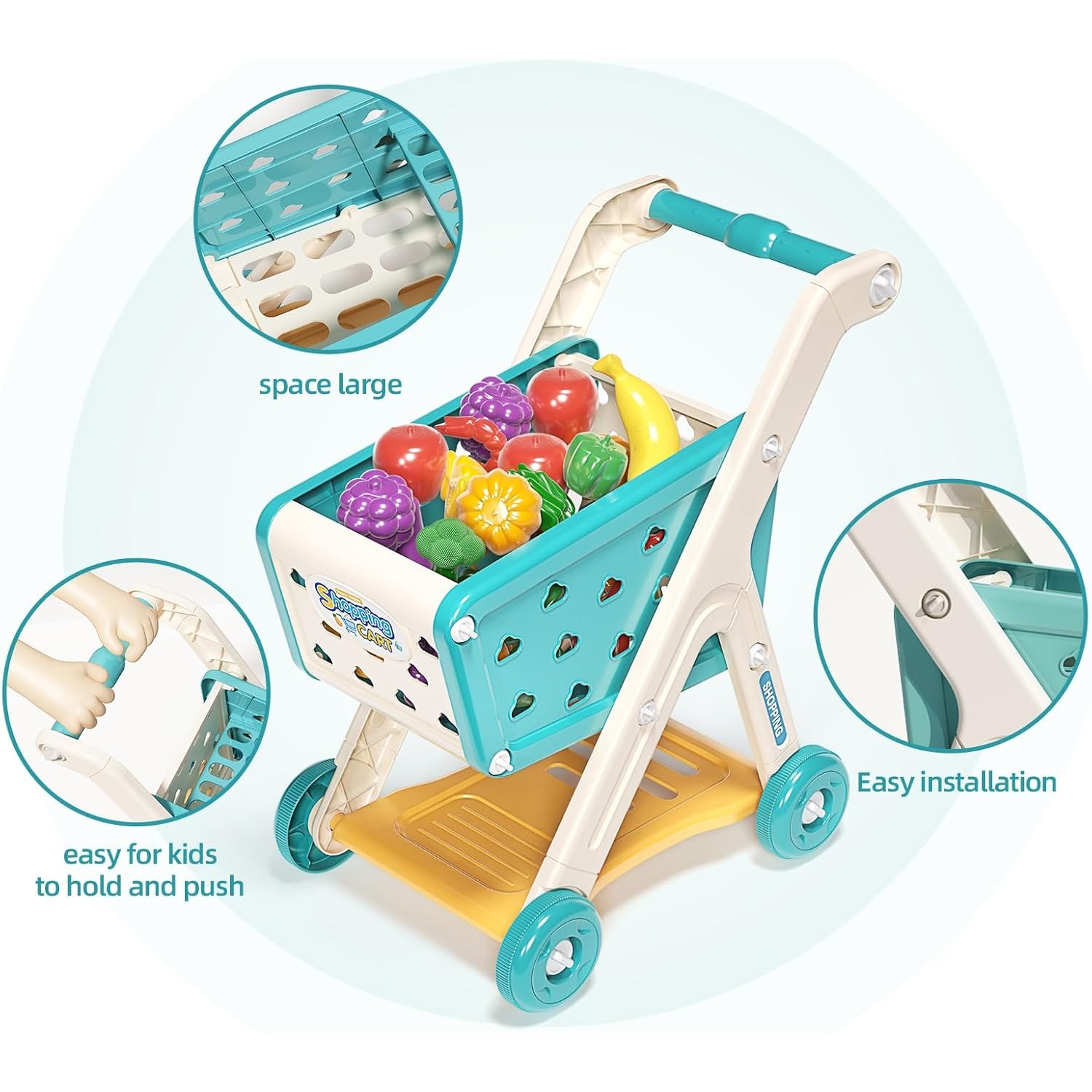 Kids Shopping Cart Cart Play Set with Pretend Food