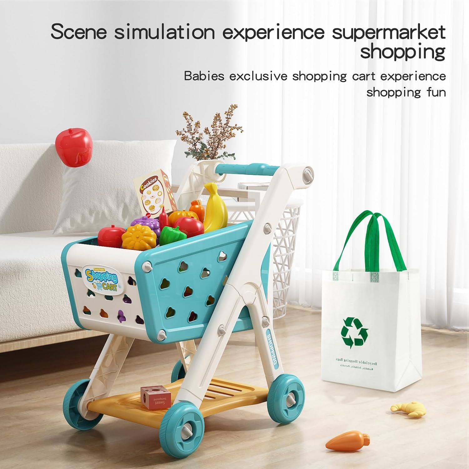 Kids Shopping Cart Cart Play Set with Pretend Food