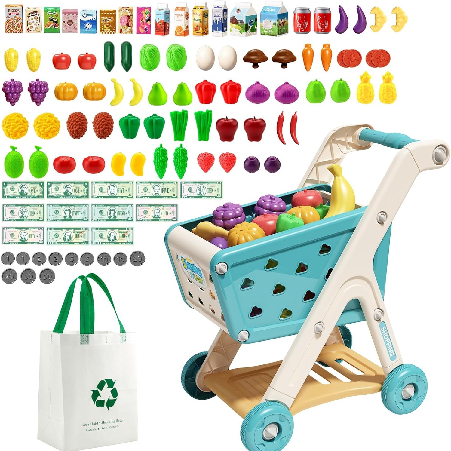 Kids Shopping Cart Cart Play Set with Pretend Food