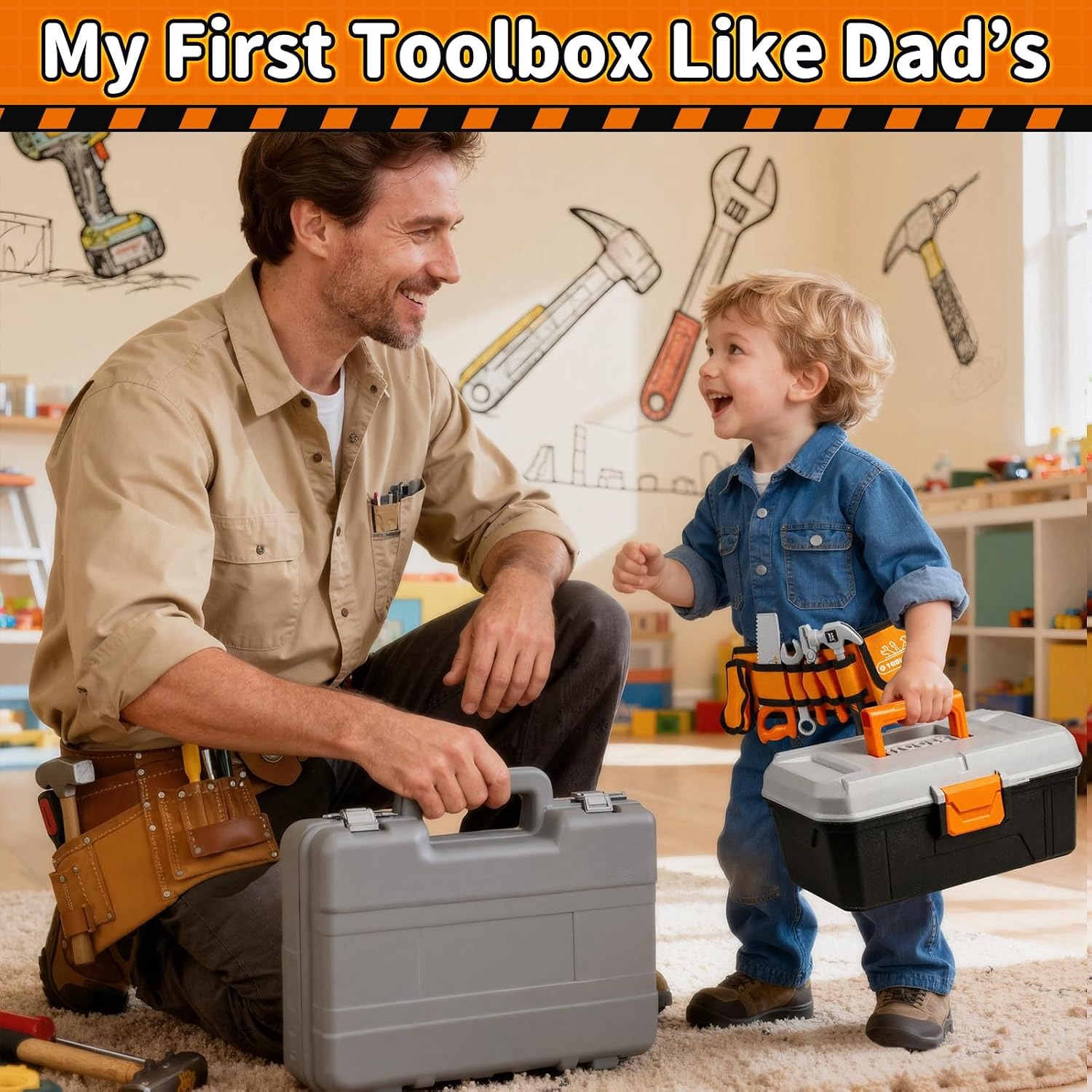 50 Piece Kids Tool Belt Set with Toy Drill and Tool Box
