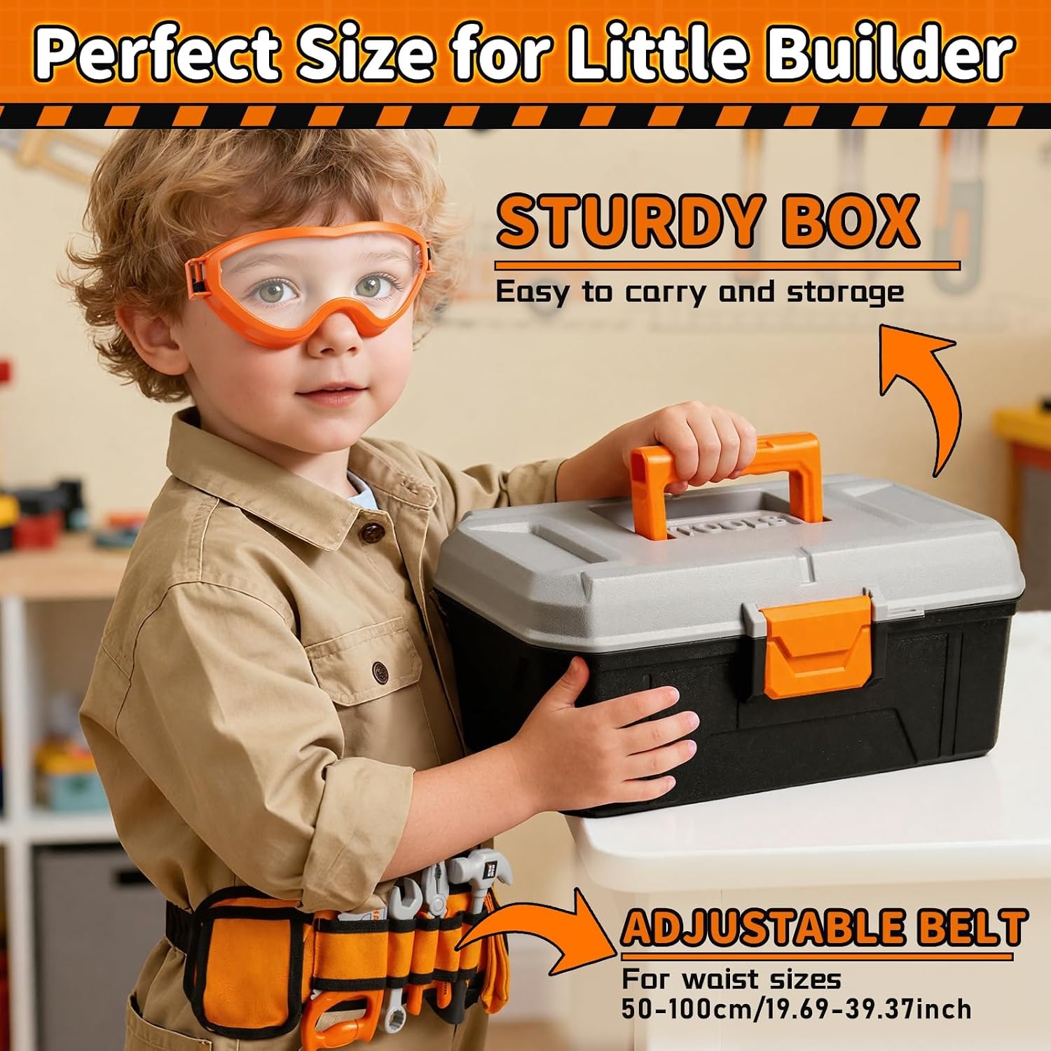50 Piece Kids Tool Belt Set with Toy Drill and Tool Box