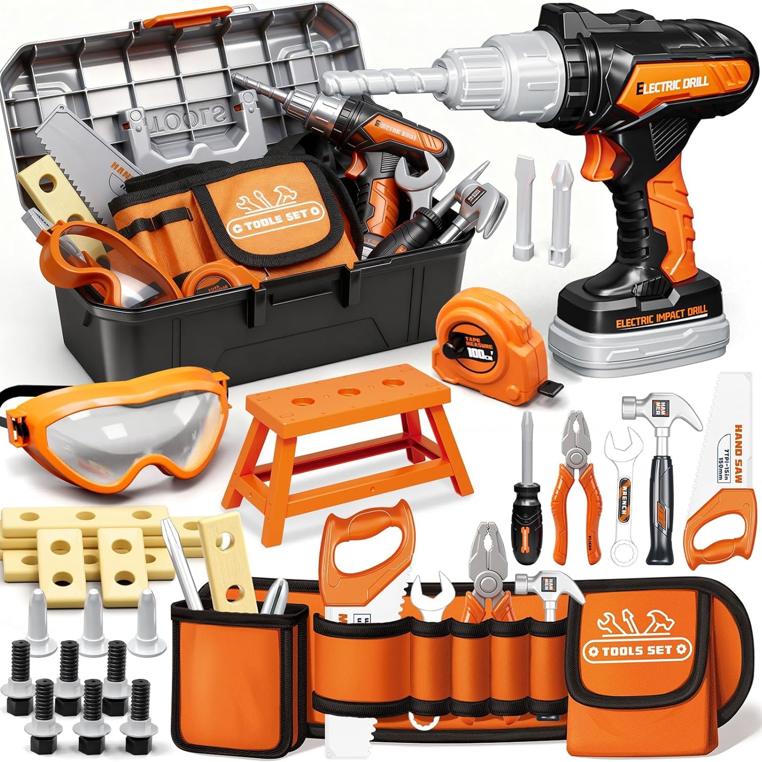 50 Piece Kids Tool Belt Set with Toy Drill and Tool Box
