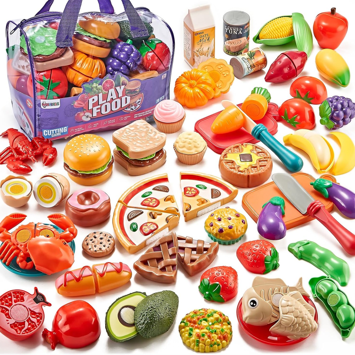 78 Piece Play Food Set with Cutting Fruit, Veggies and Storage Bag: image 1
