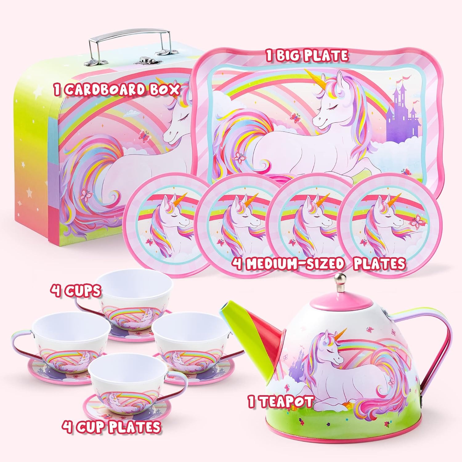Tin Tea Party Set with Unicorn Carry Case (15 Pieces)