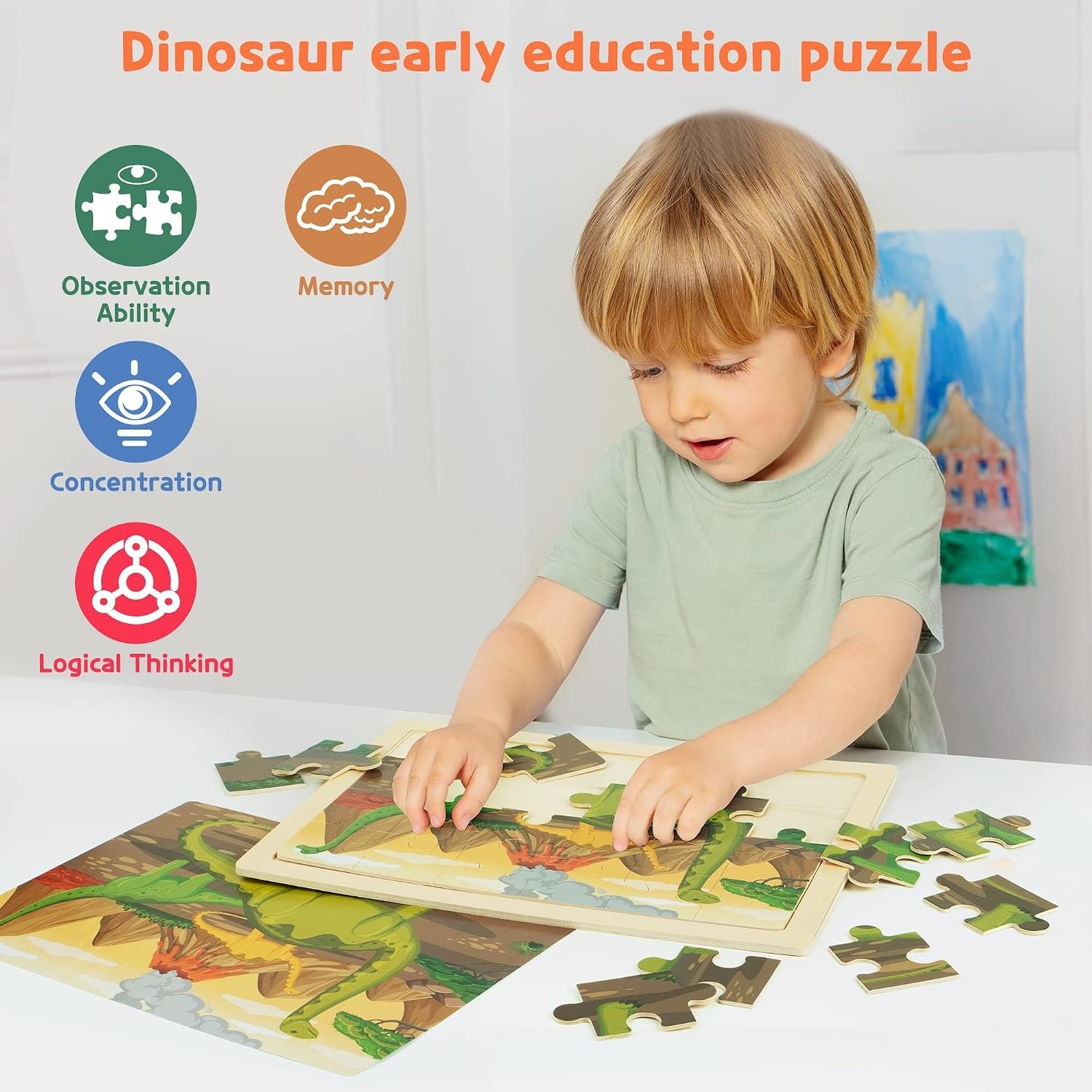 Wooden Dinosaur Puzzles 4-Pack Jigsaw Set for Kids