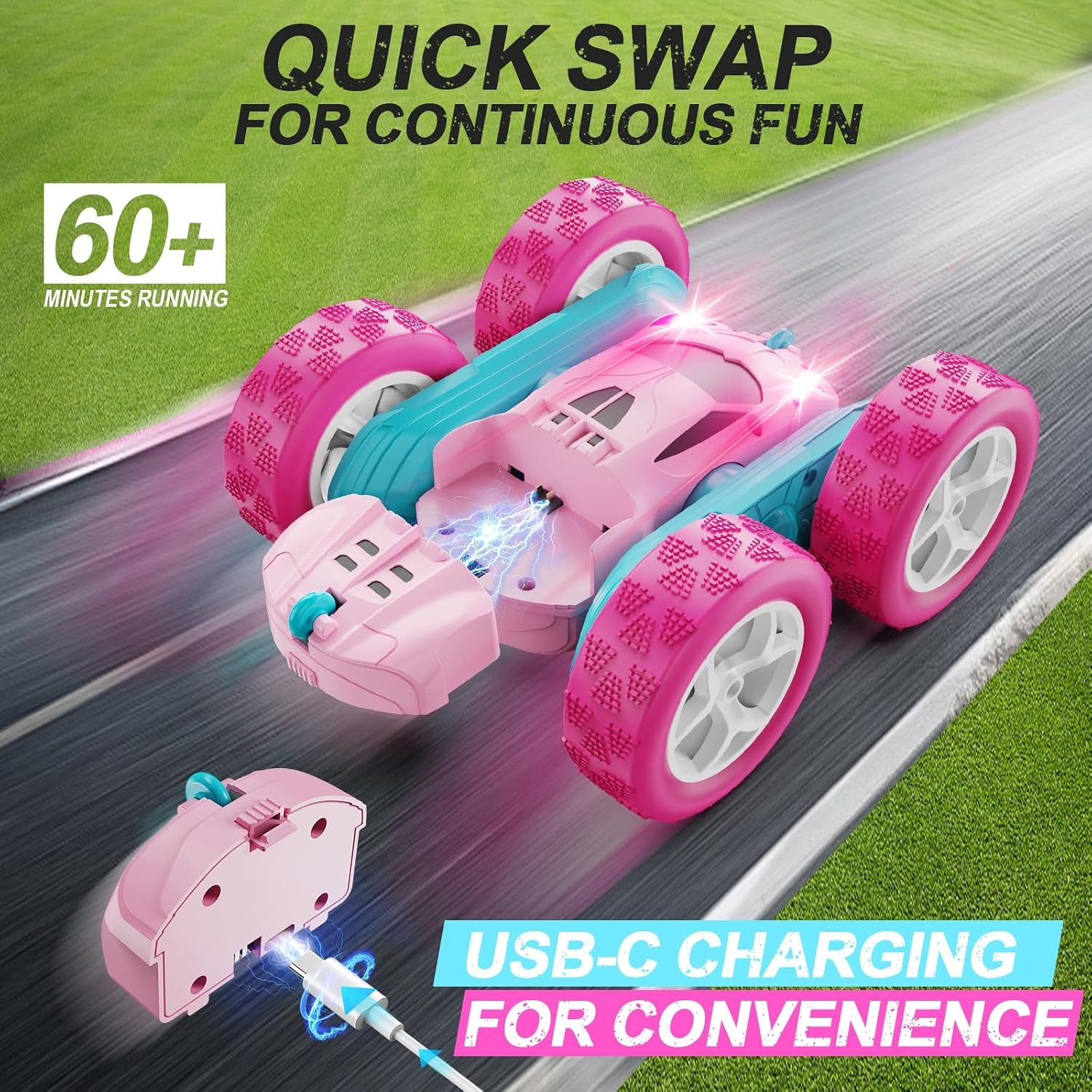 Pink RC Stunt Car with Double-Sided 360 Flips