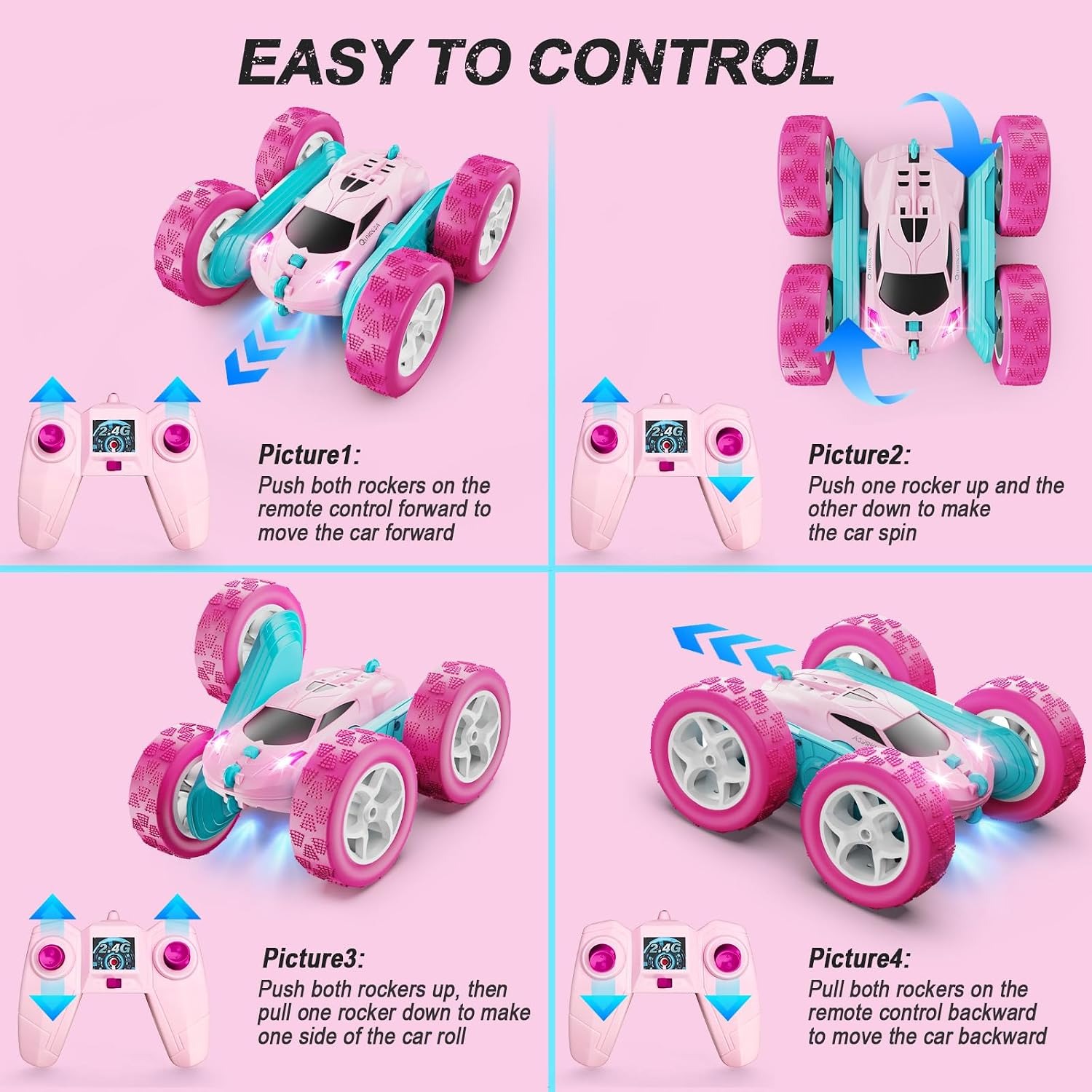 Pink RC Stunt Car with Double-Sided 360 Flips