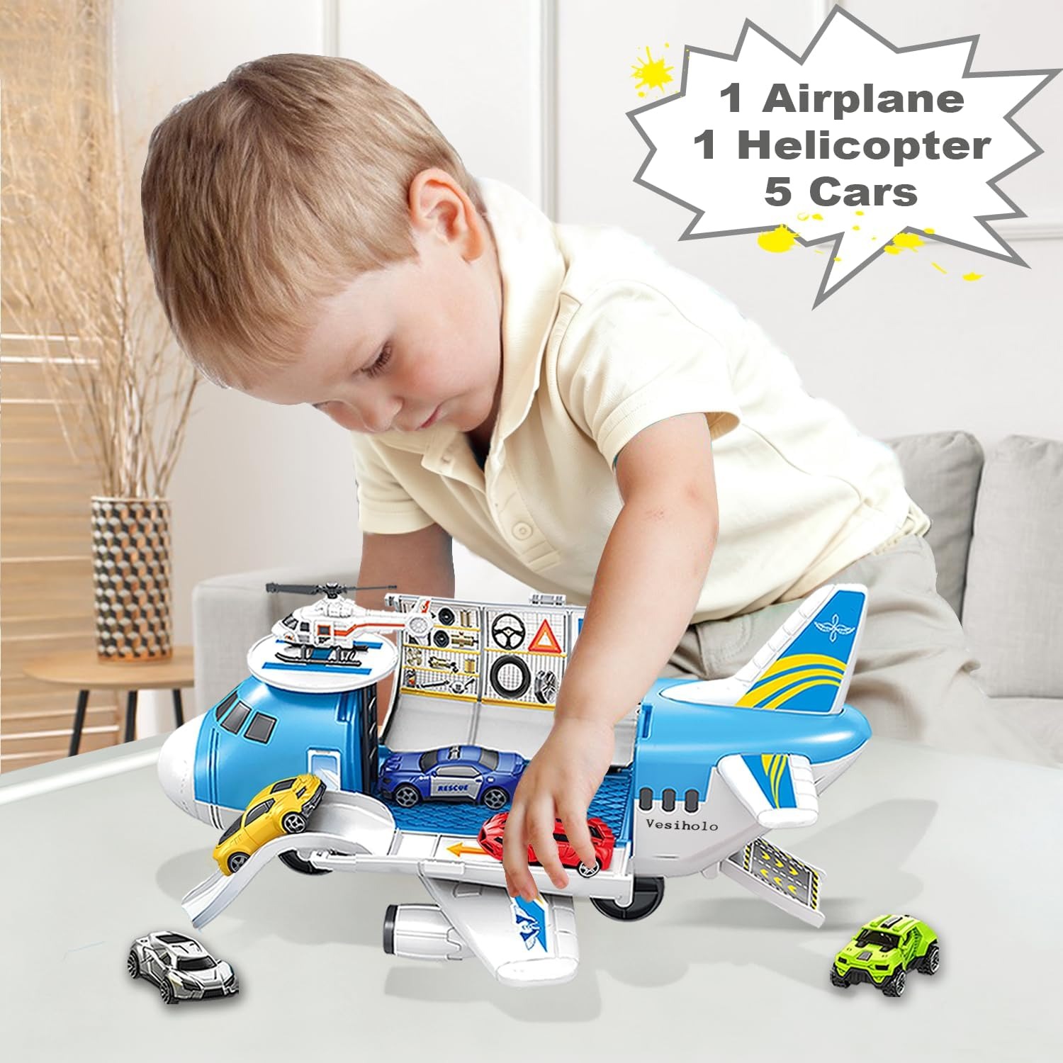 Cargo Plane Car Set with 5 Friction Cars and Helicopter