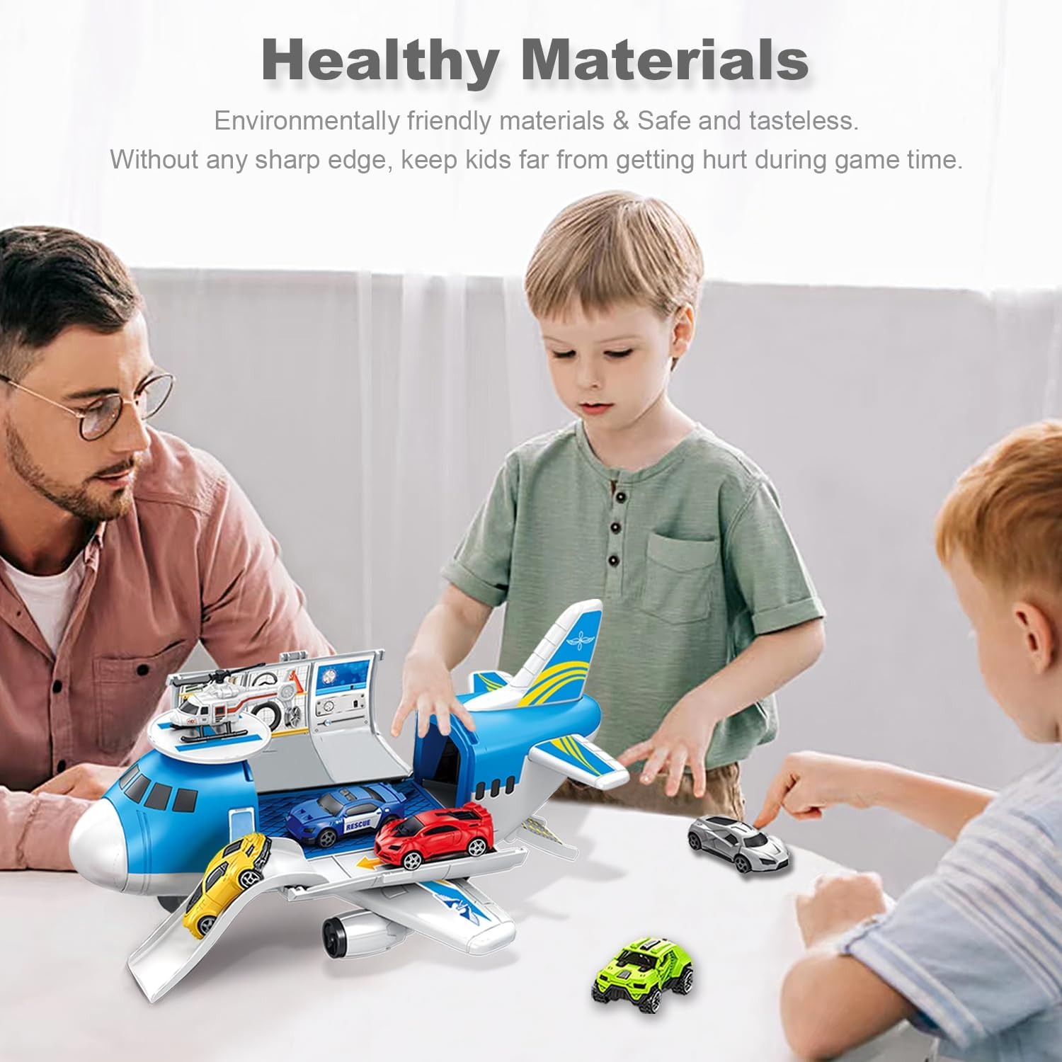 Cargo Plane Car Set with 5 Friction Cars and Helicopter