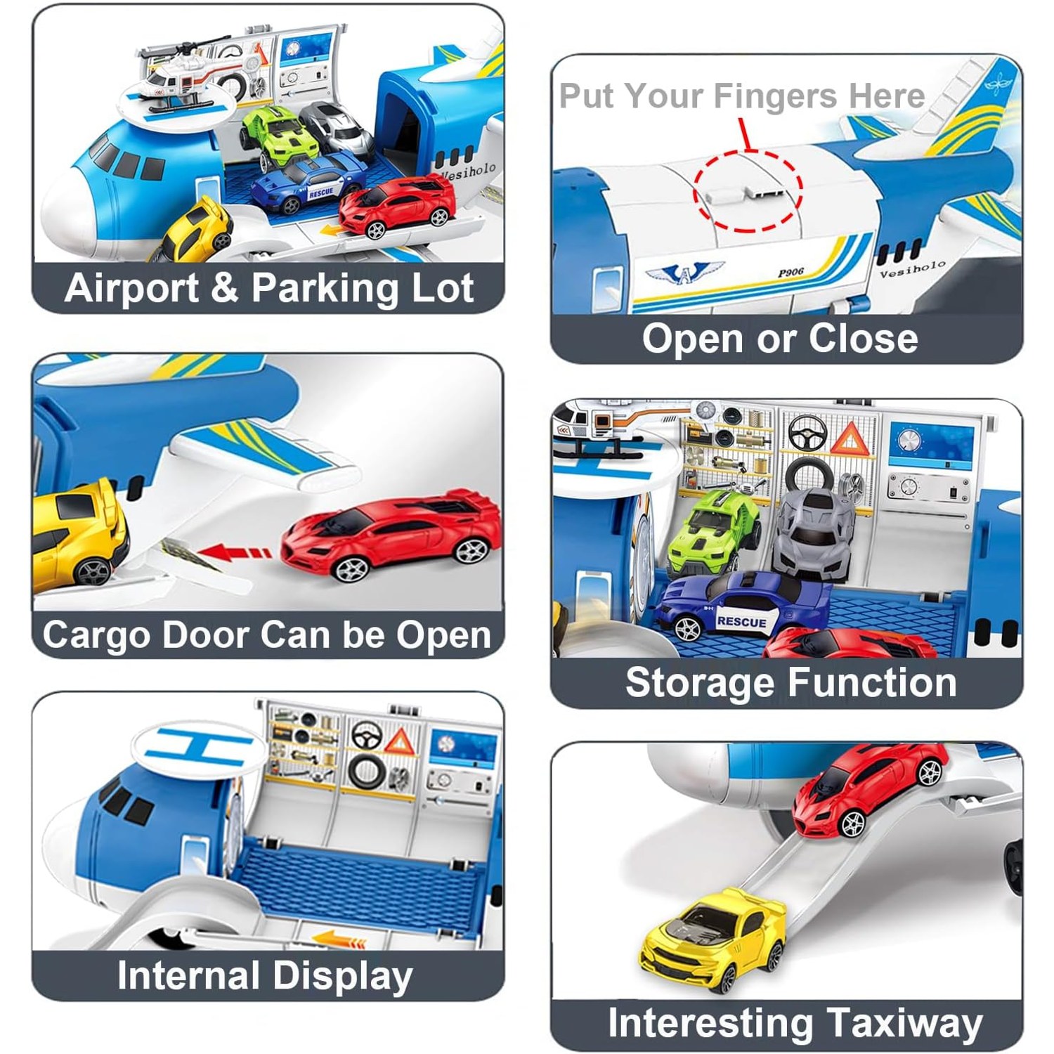 Cargo Plane Car Set with 5 Friction Cars and Helicopter