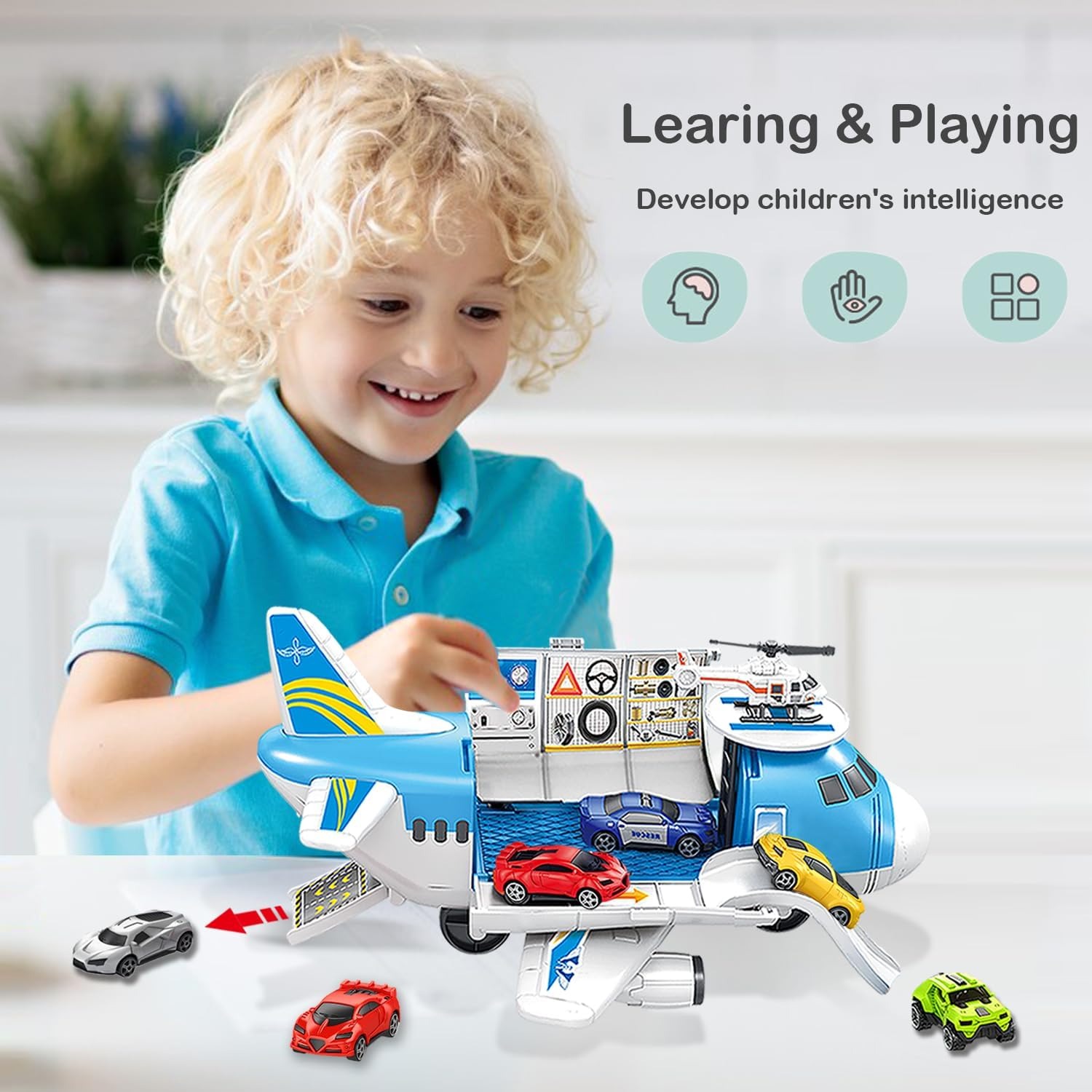 Cargo Plane Car Set with 5 Friction Cars and Helicopter