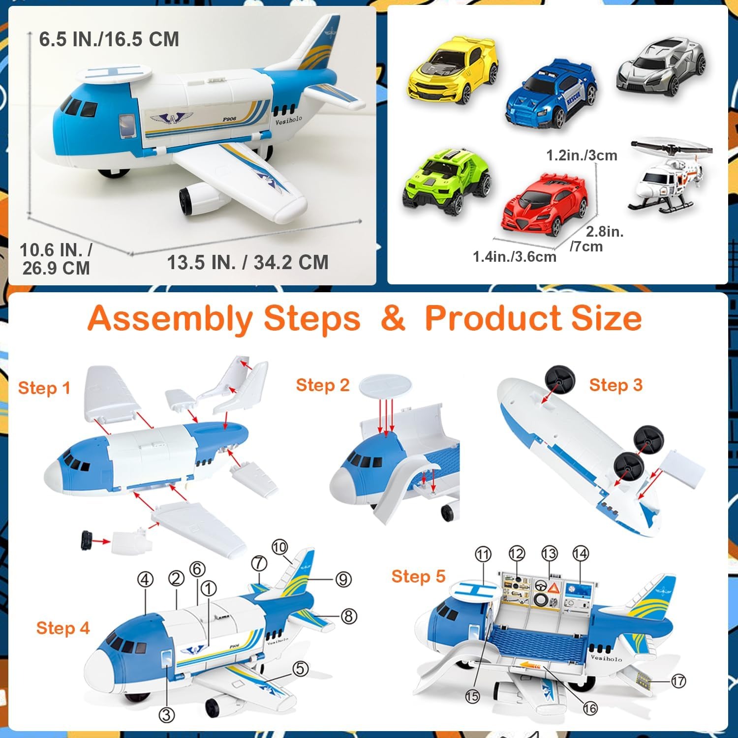 Cargo Plane Car Set with 5 Friction Cars and Helicopter: image 7