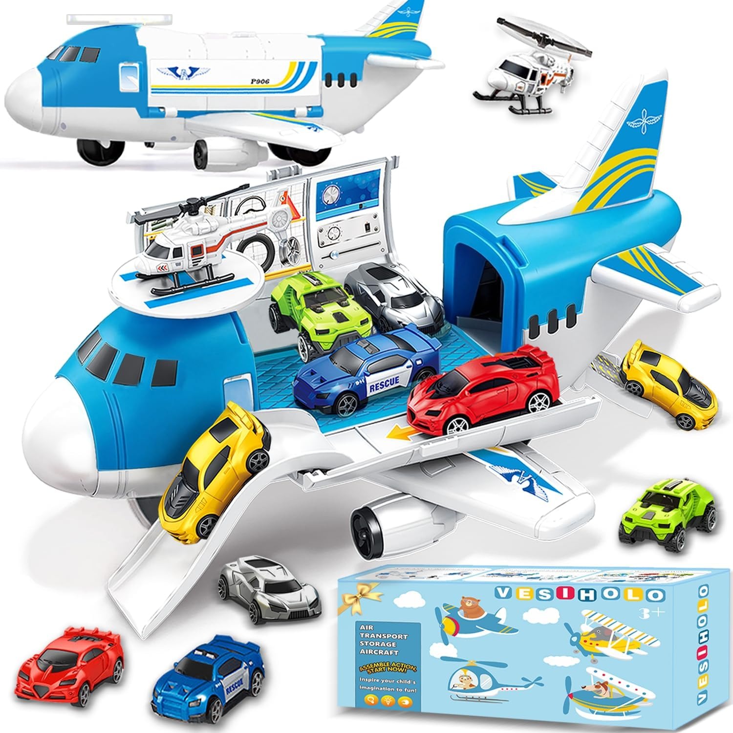 Cargo Plane Car Set with 5 Friction Cars and Helicopter