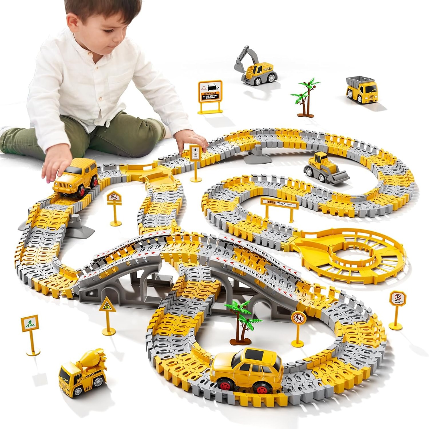 236-Piece Construction Race Track Set with Electric Cars and Trucks