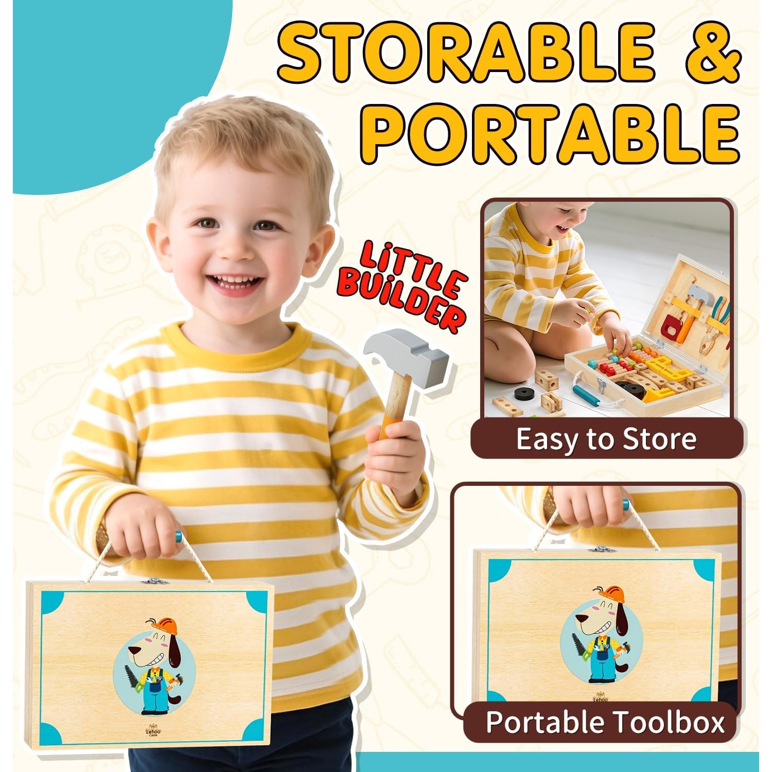 Kids Wooden Tool Set with Portable Tool Box (49 Pieces): image 6