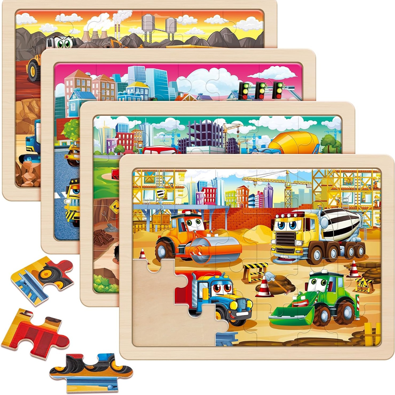 Wooden Construction Vehicle Puzzles, 4-Pack 24-Piece Jigsaw Set: image 1