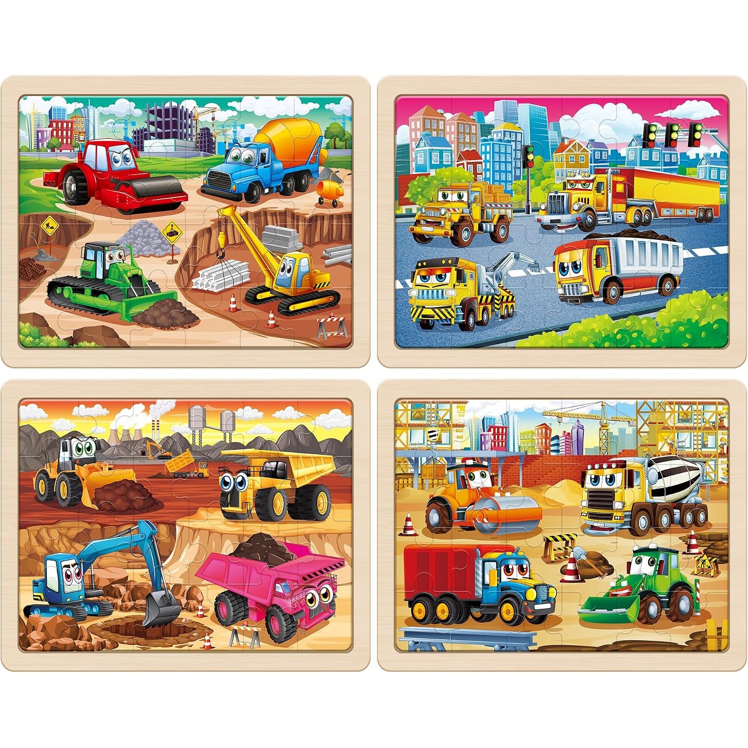 Wooden Construction Vehicle Puzzles, 4-Pack 24-Piece Jigsaw Set