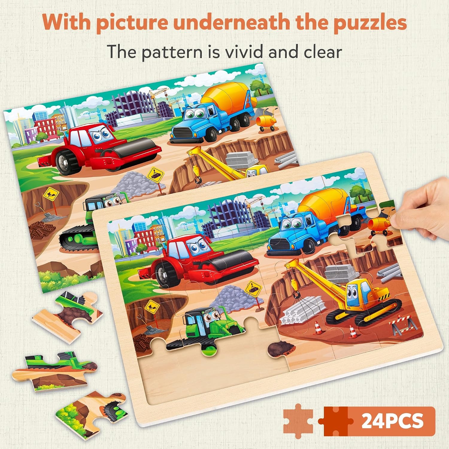 Wooden Construction Vehicle Puzzles, 4-Pack 24-Piece Jigsaw Set