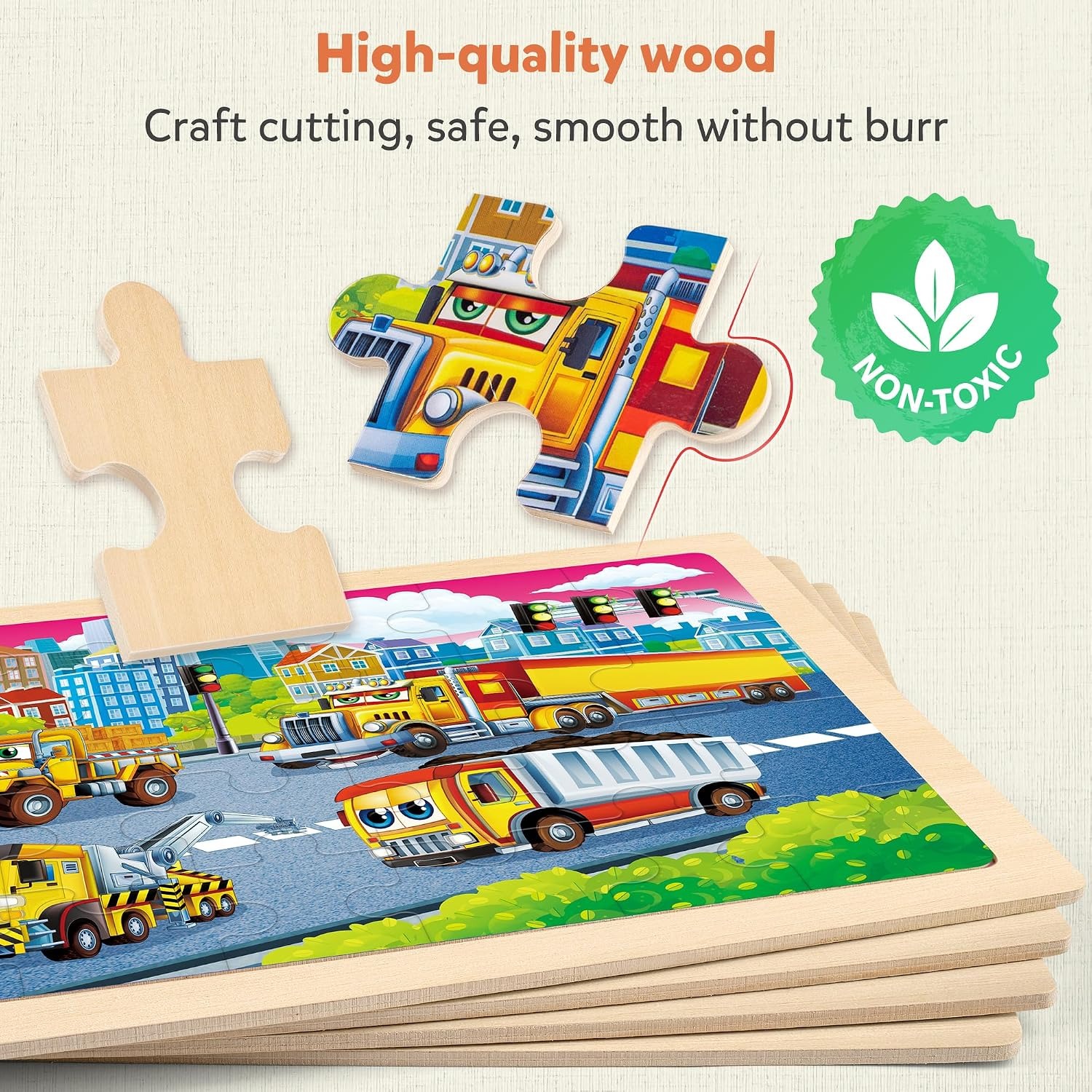 Wooden Construction Vehicle Puzzles, 4-Pack 24-Piece Jigsaw Set