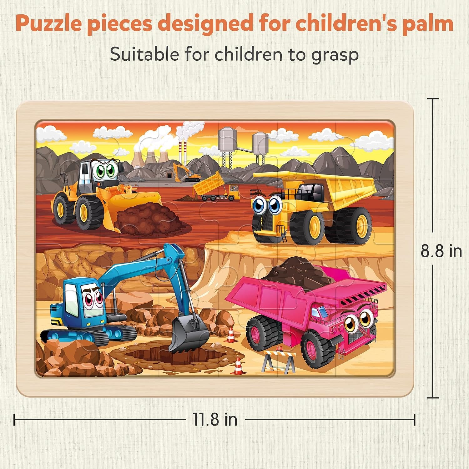 Wooden Construction Vehicle Puzzles, 4-Pack 24-Piece Jigsaw Set