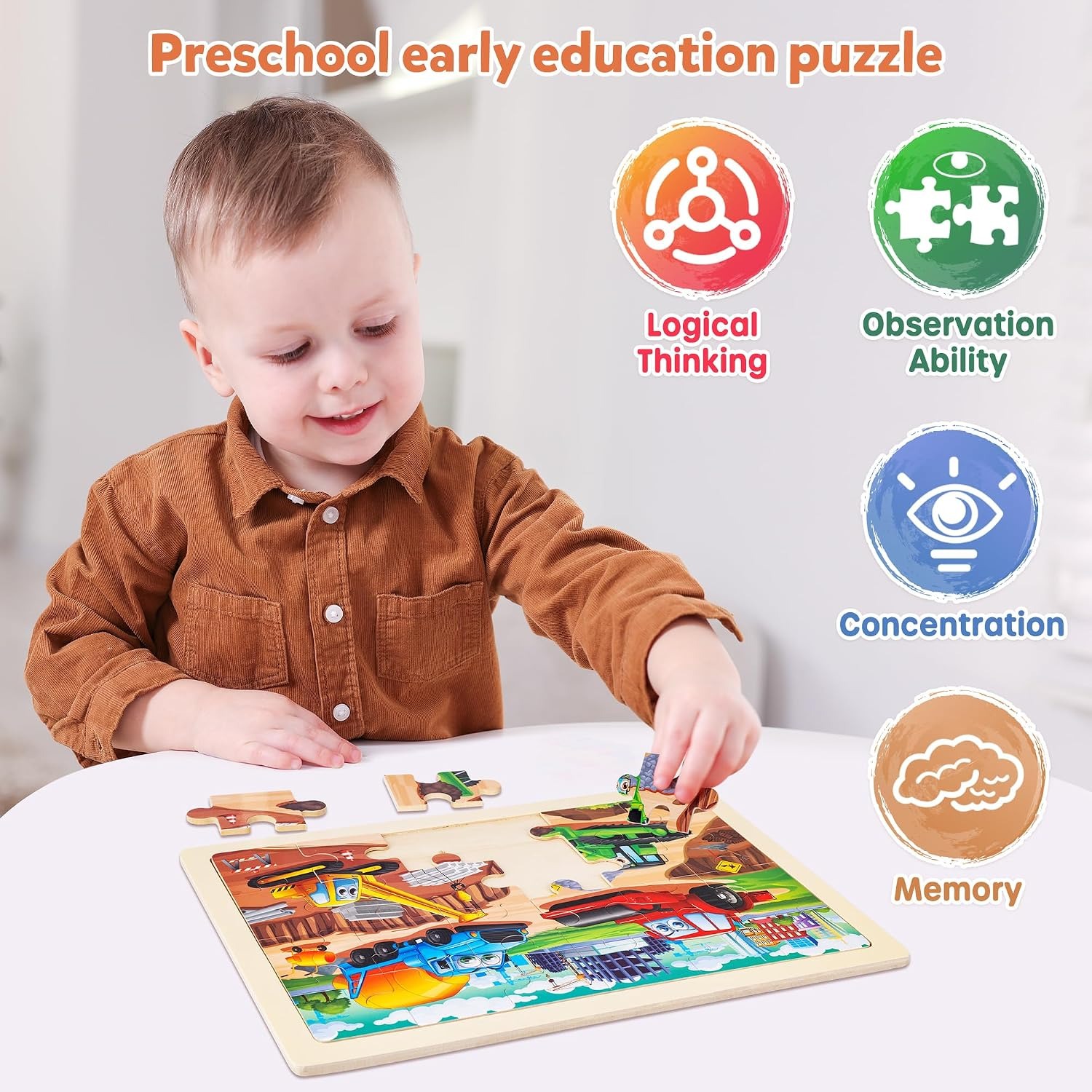 Wooden Construction Vehicle Puzzles, 4-Pack 24-Piece Jigsaw Set