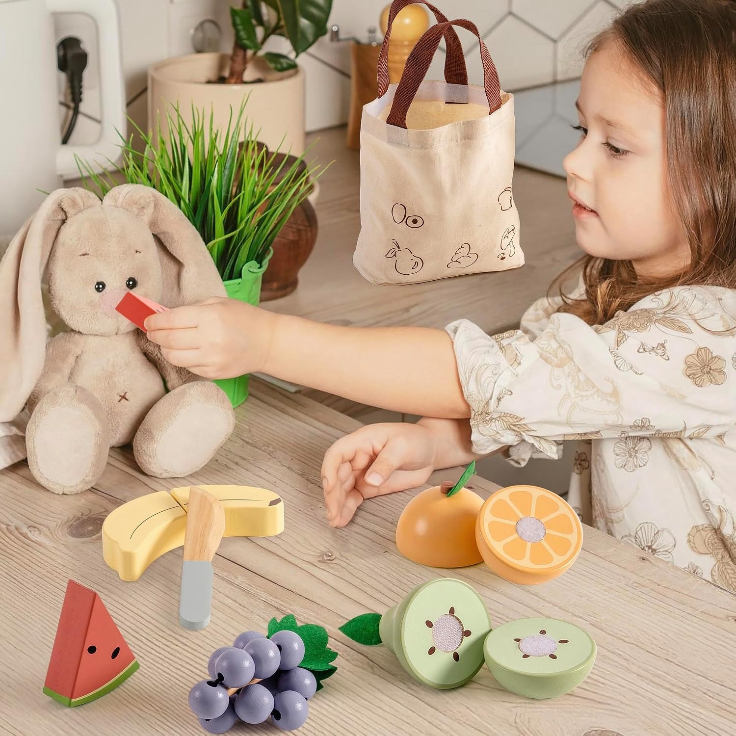 Wooden Cutting Fruit Set with Storage Bag